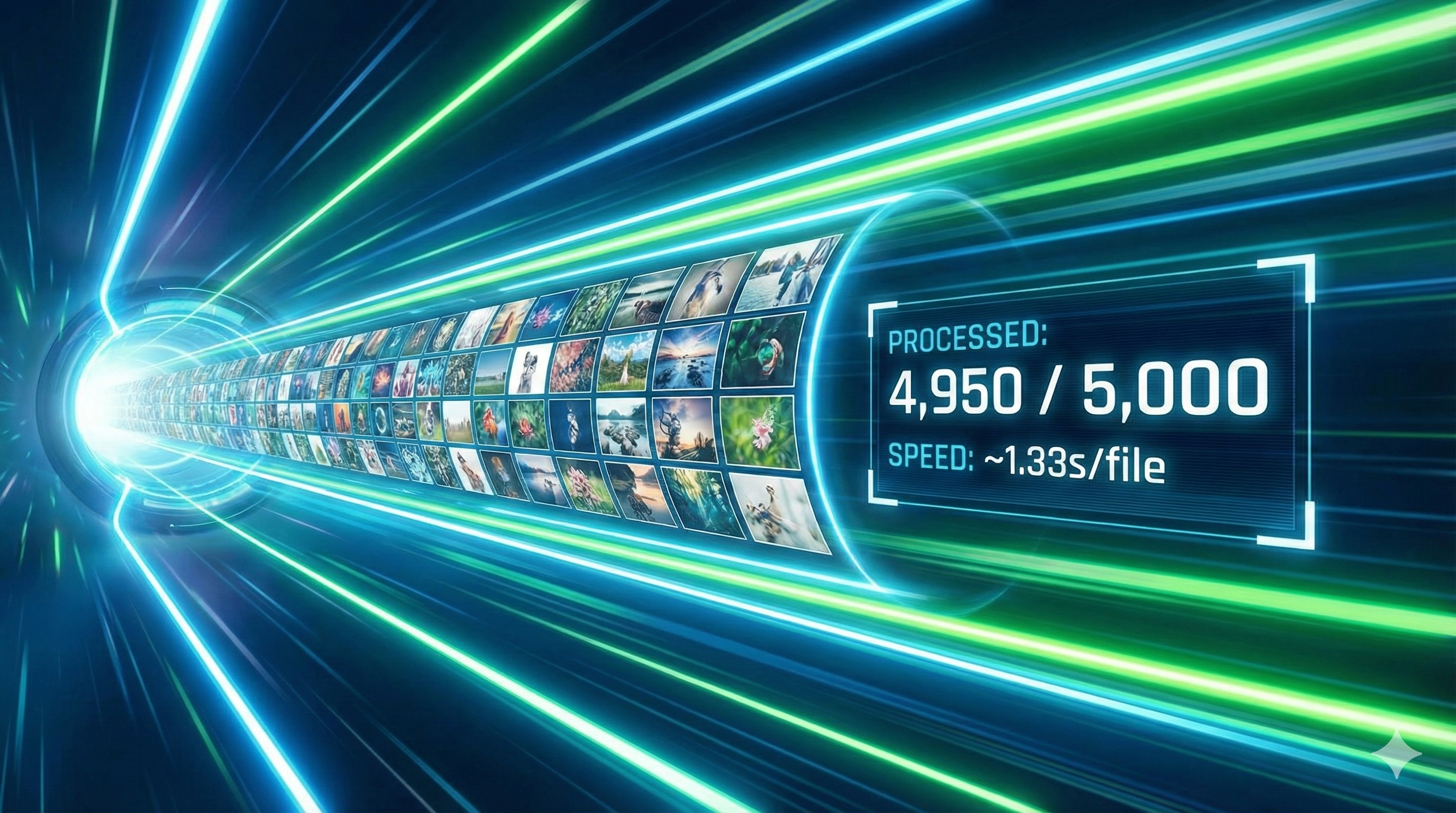 A futuristic data pipeline visualizing high-speed batch processing of stock photos. A digital counter reads "PROCESSED: 4,950 / 5,000" with a speed metric of "~1.33s/file," demonstrating the tool's volume capability.