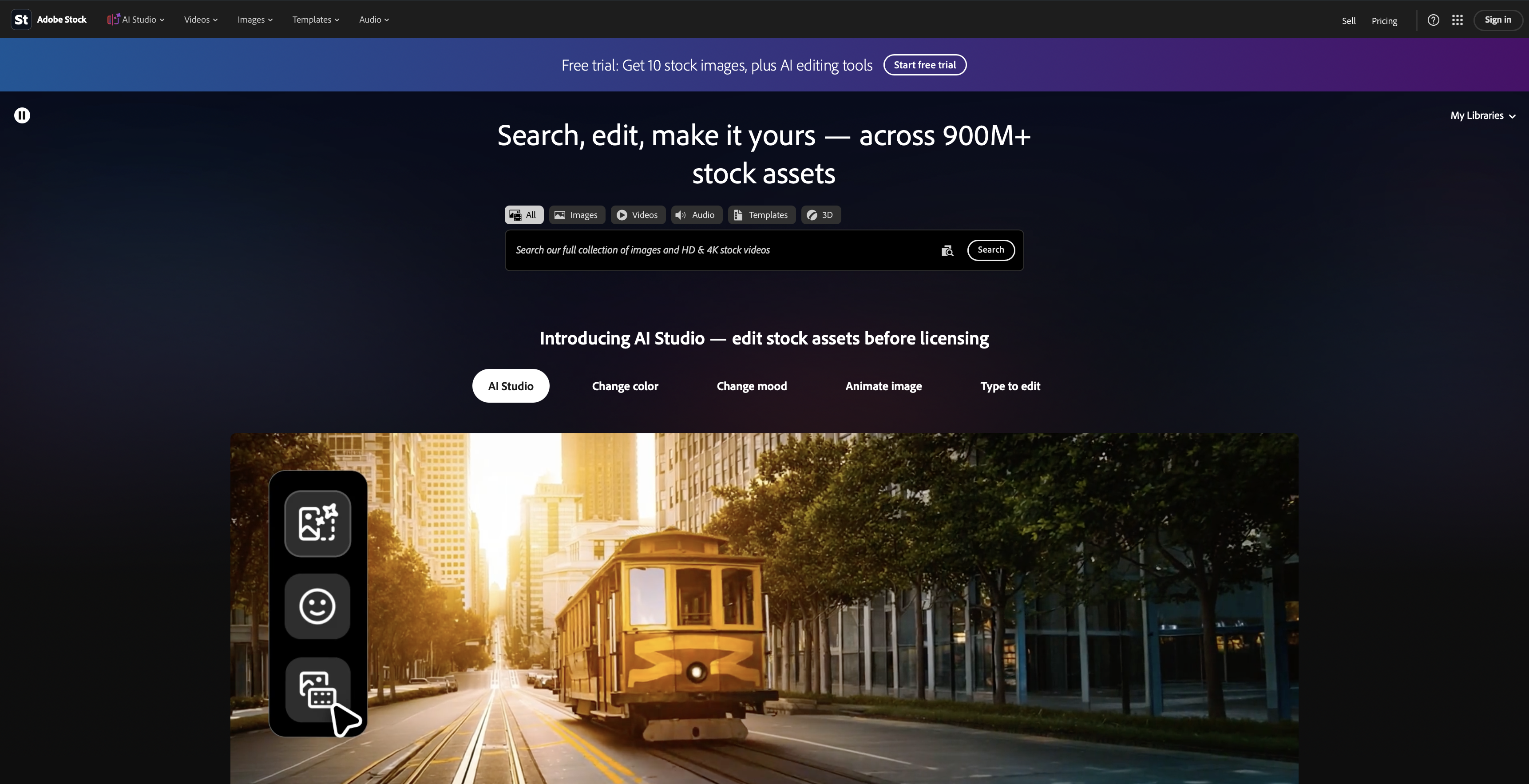 Adobe Stock homepage with search bar and AI Studio tools