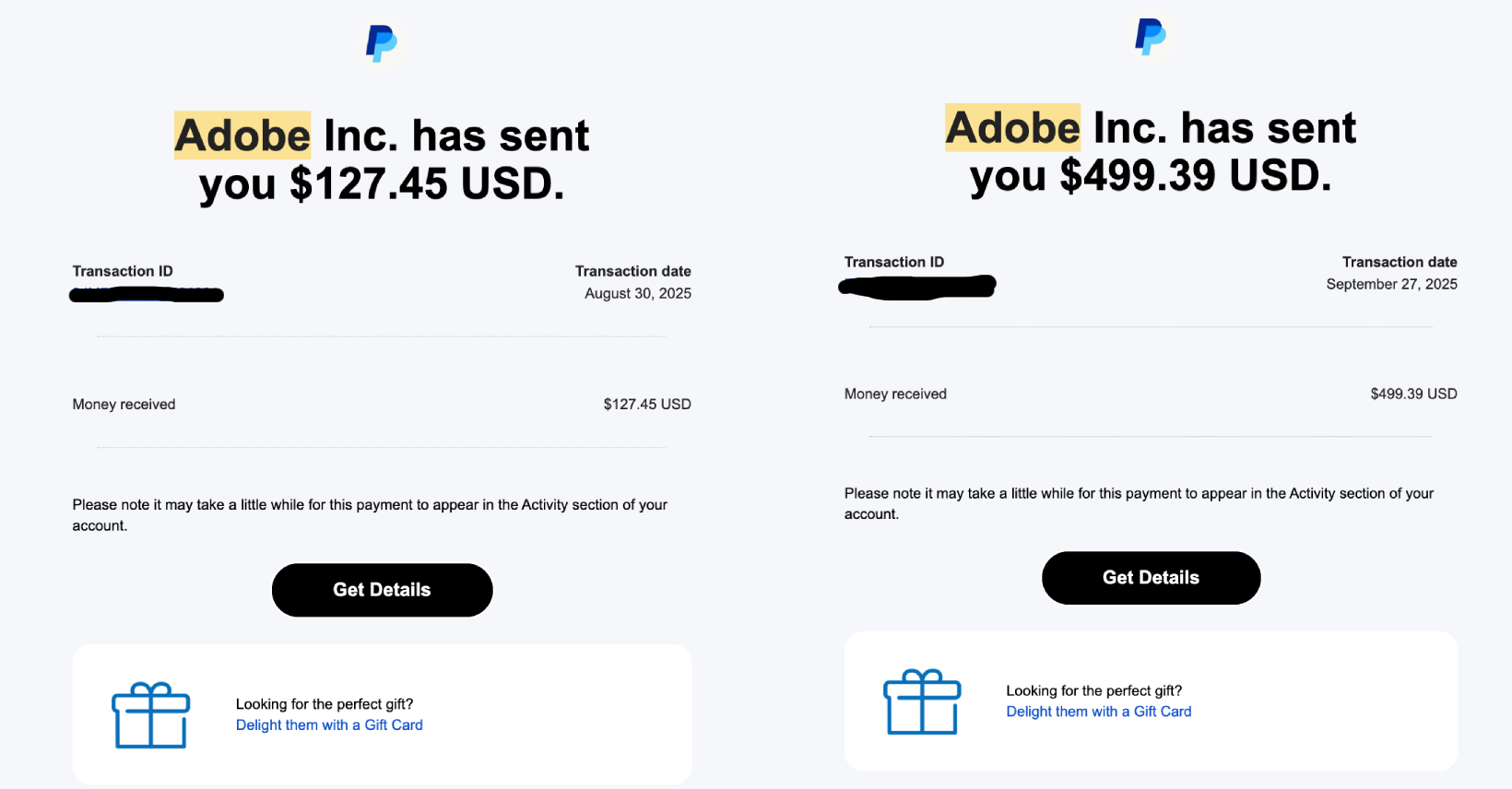 PayPal payment notifications showing Adobe Stock contributor payouts