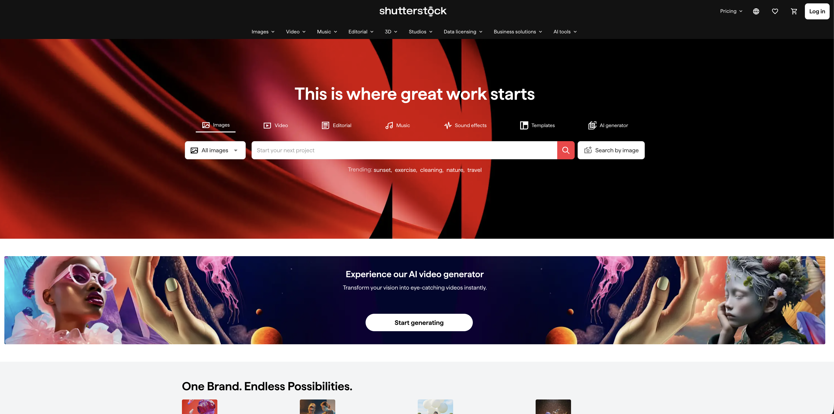 Shutterstock homepage with search bar and contributor tools