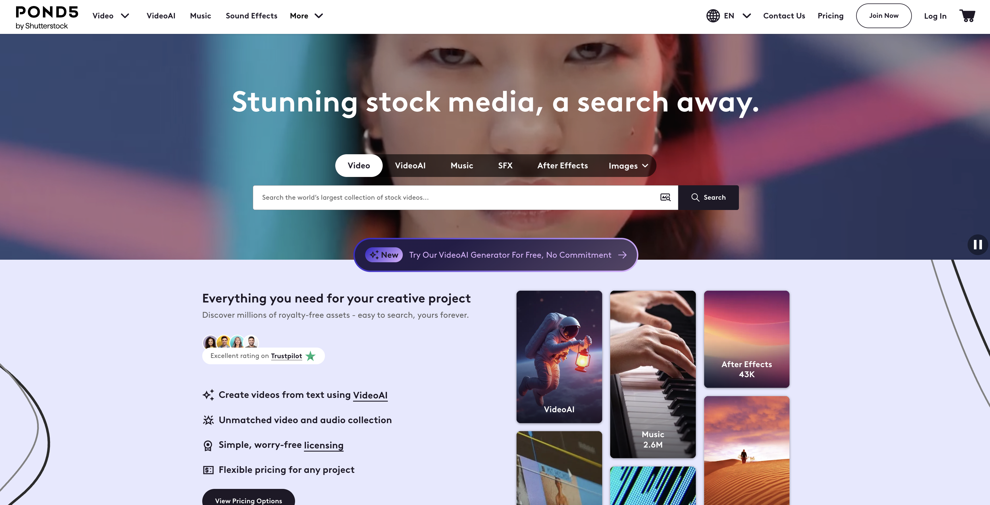 Pond5 marketplace homepage highlighting stock footage search
