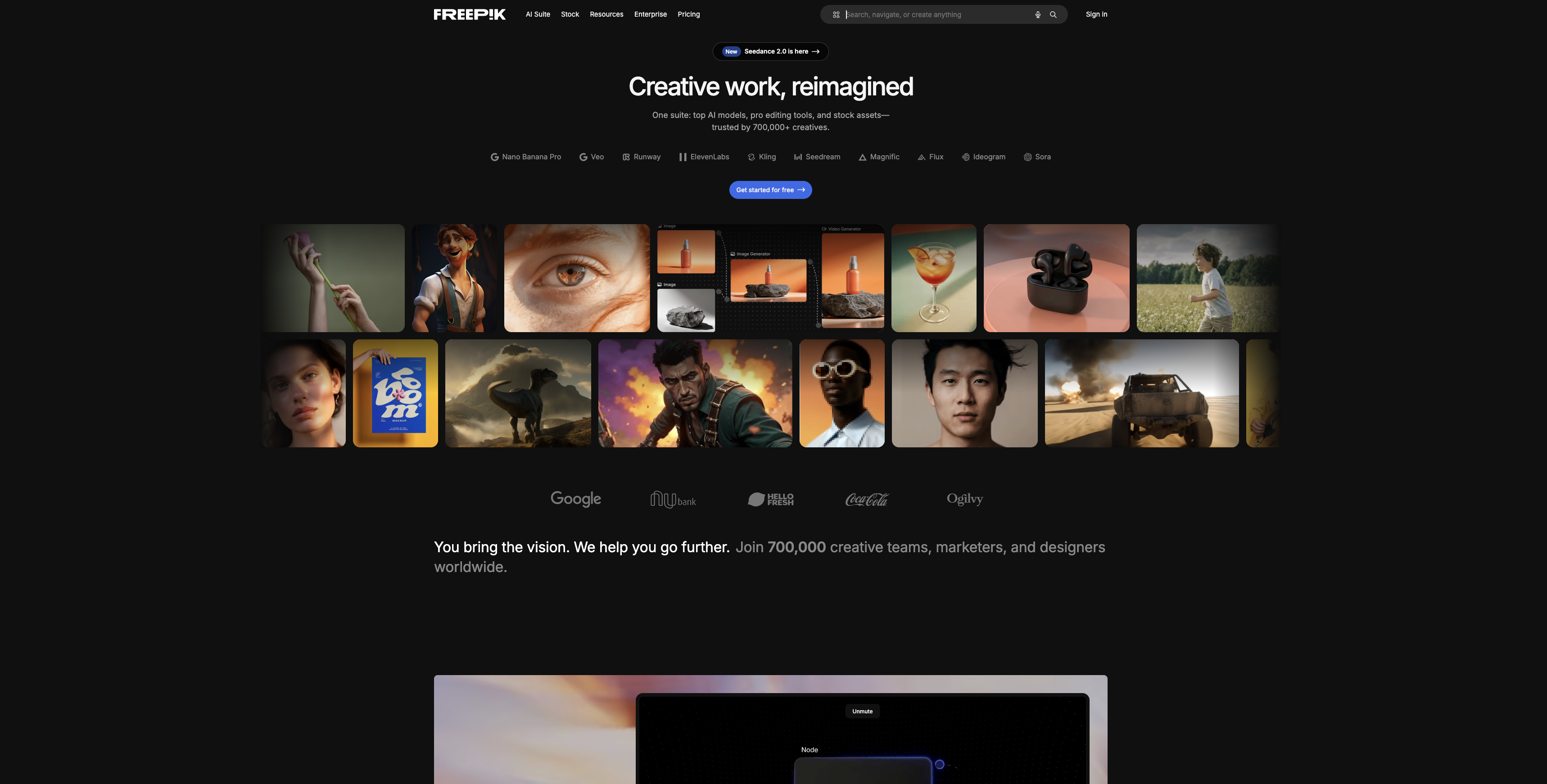 Freepik homepage showcasing AI tools and stock library