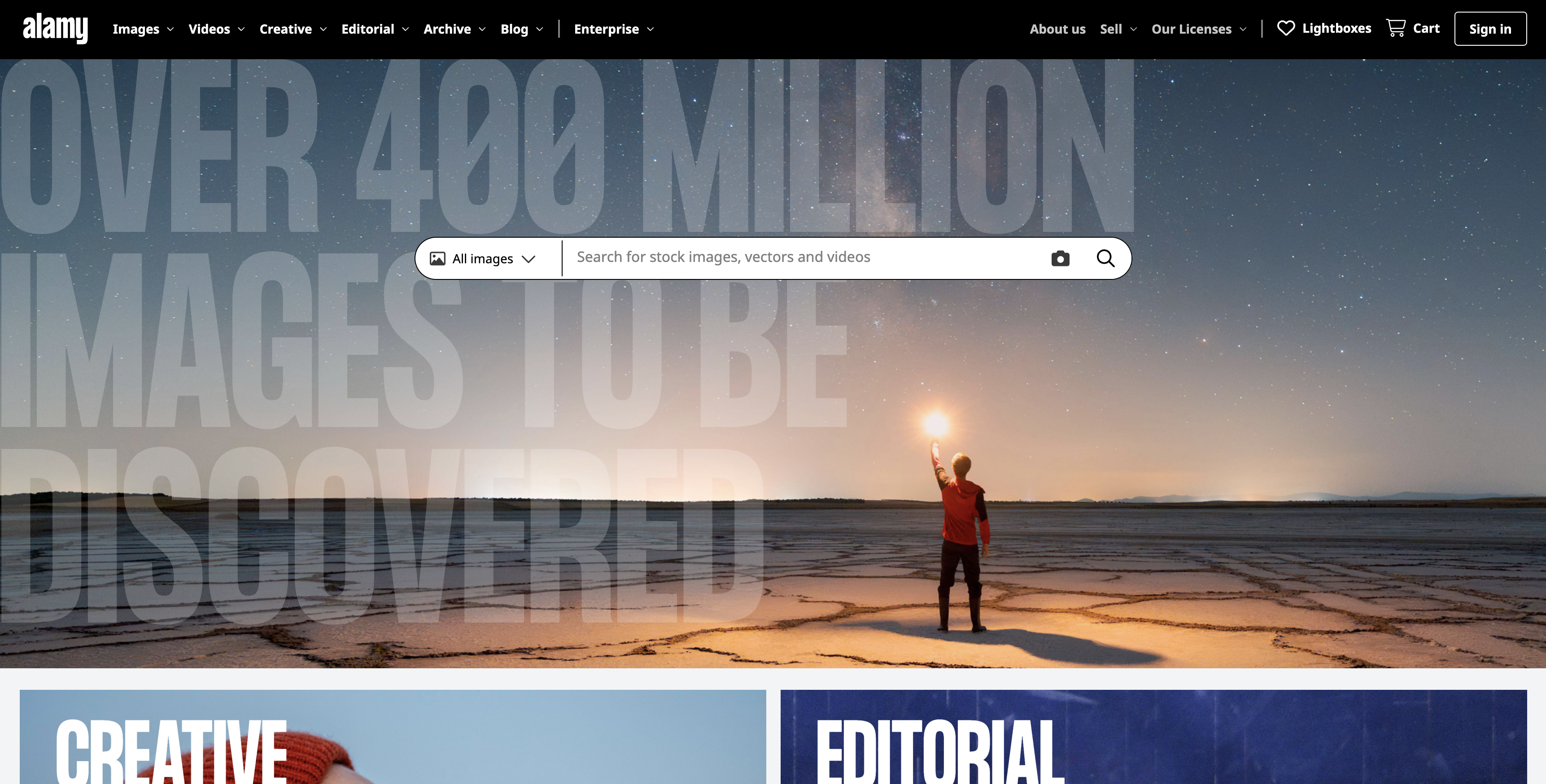 Alamy homepage featuring stock image search and large library