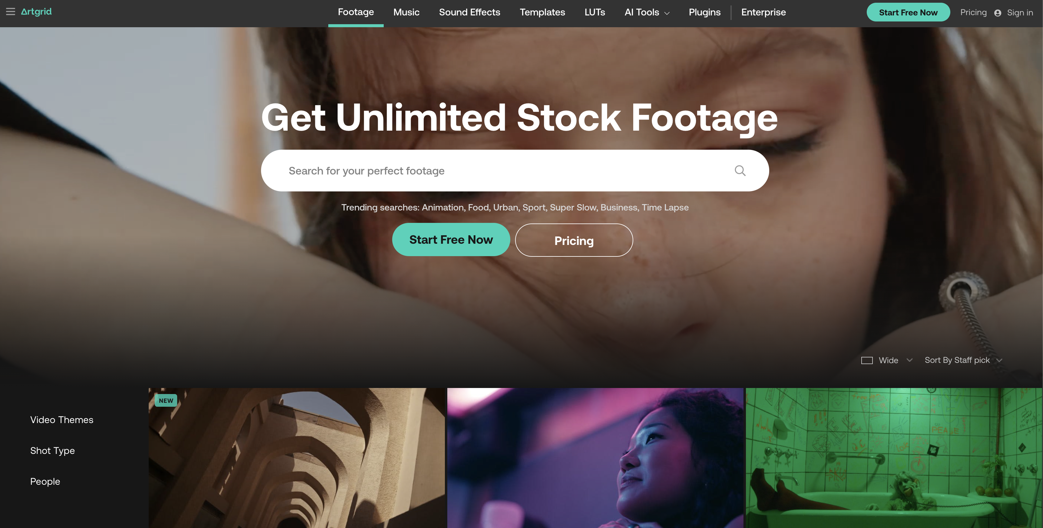Artgrid homepage promoting unlimited stock footage subscription