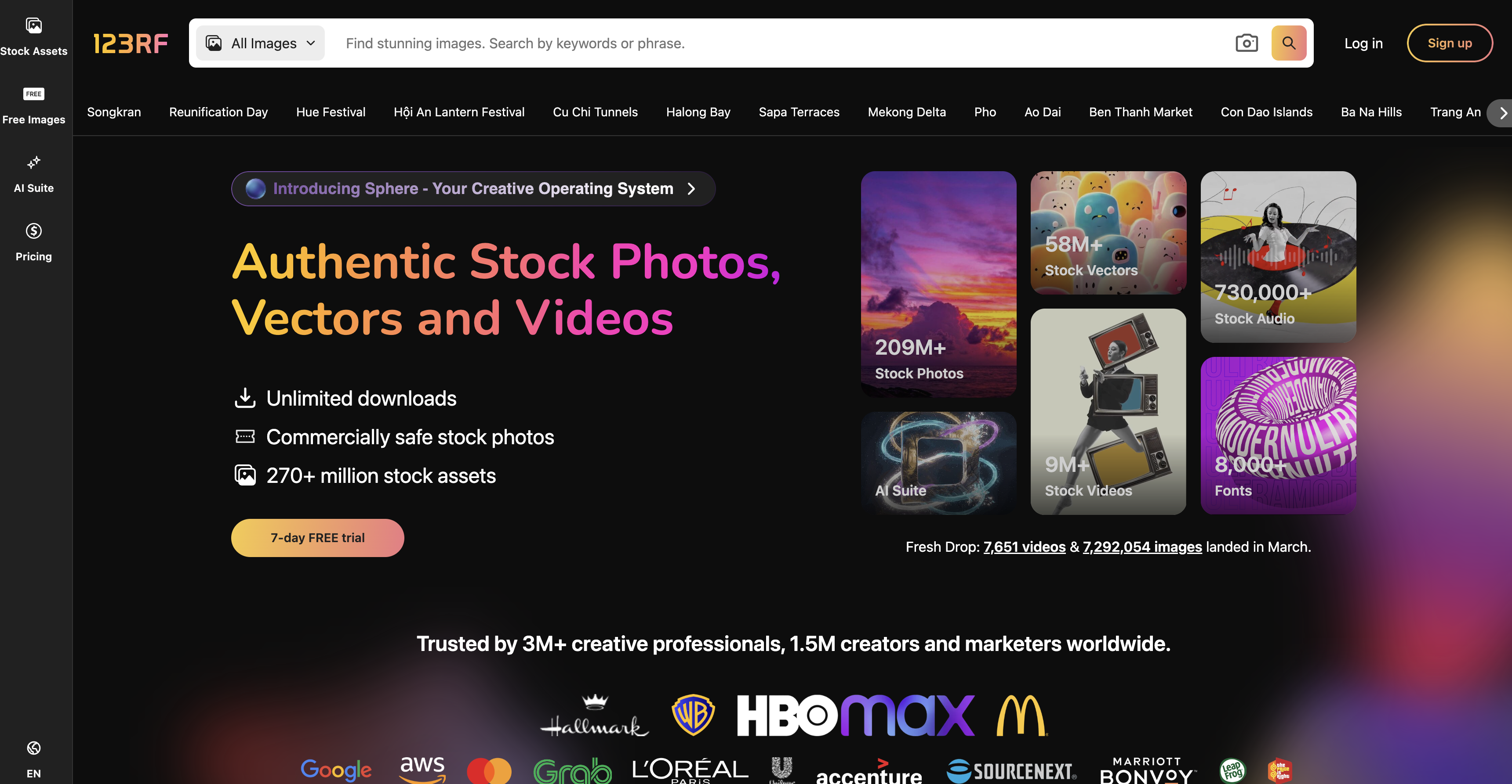 123RF homepage with stock photo and vector search