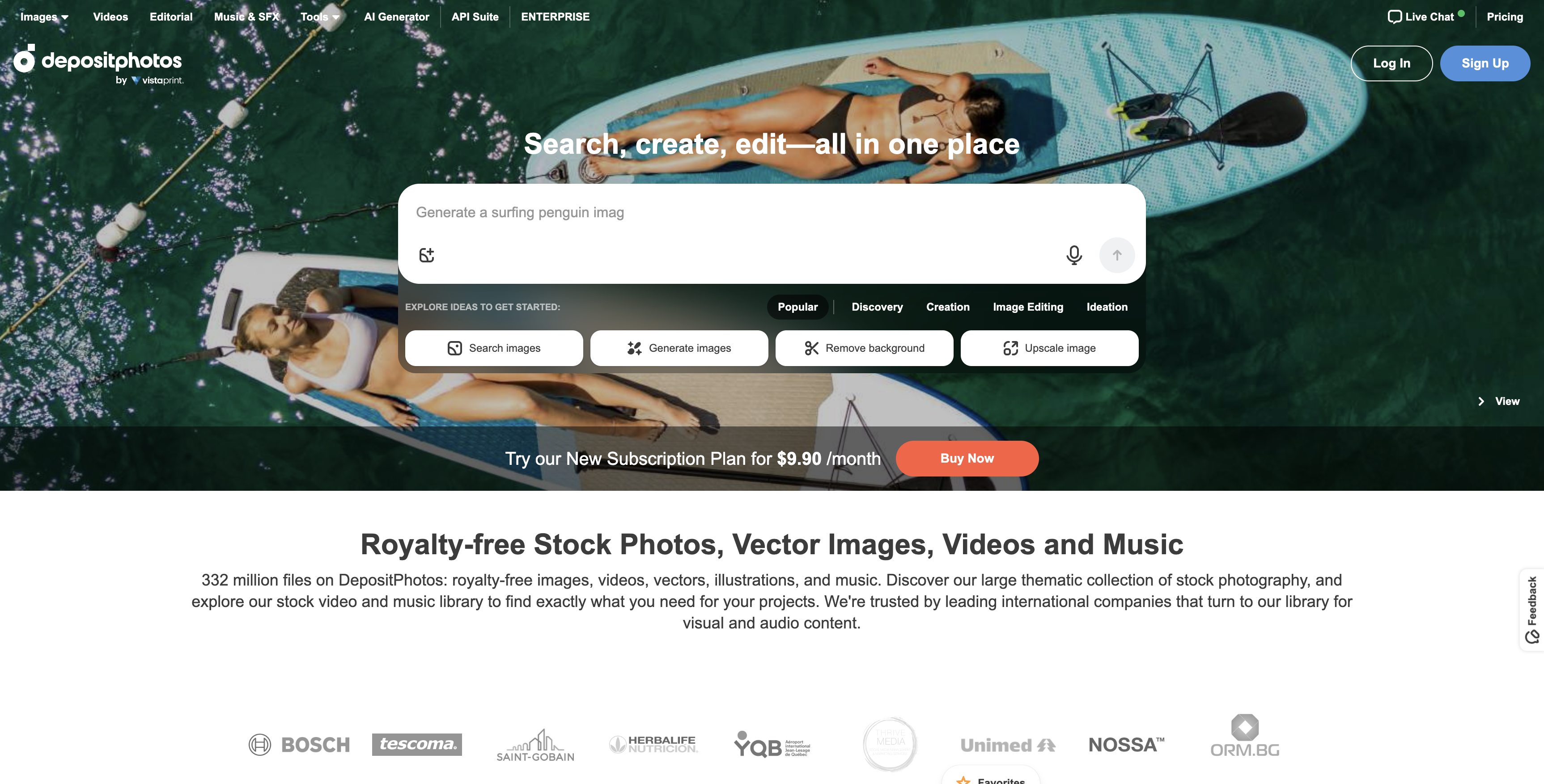 Depositphotos homepage showing stock photo search and creative tools