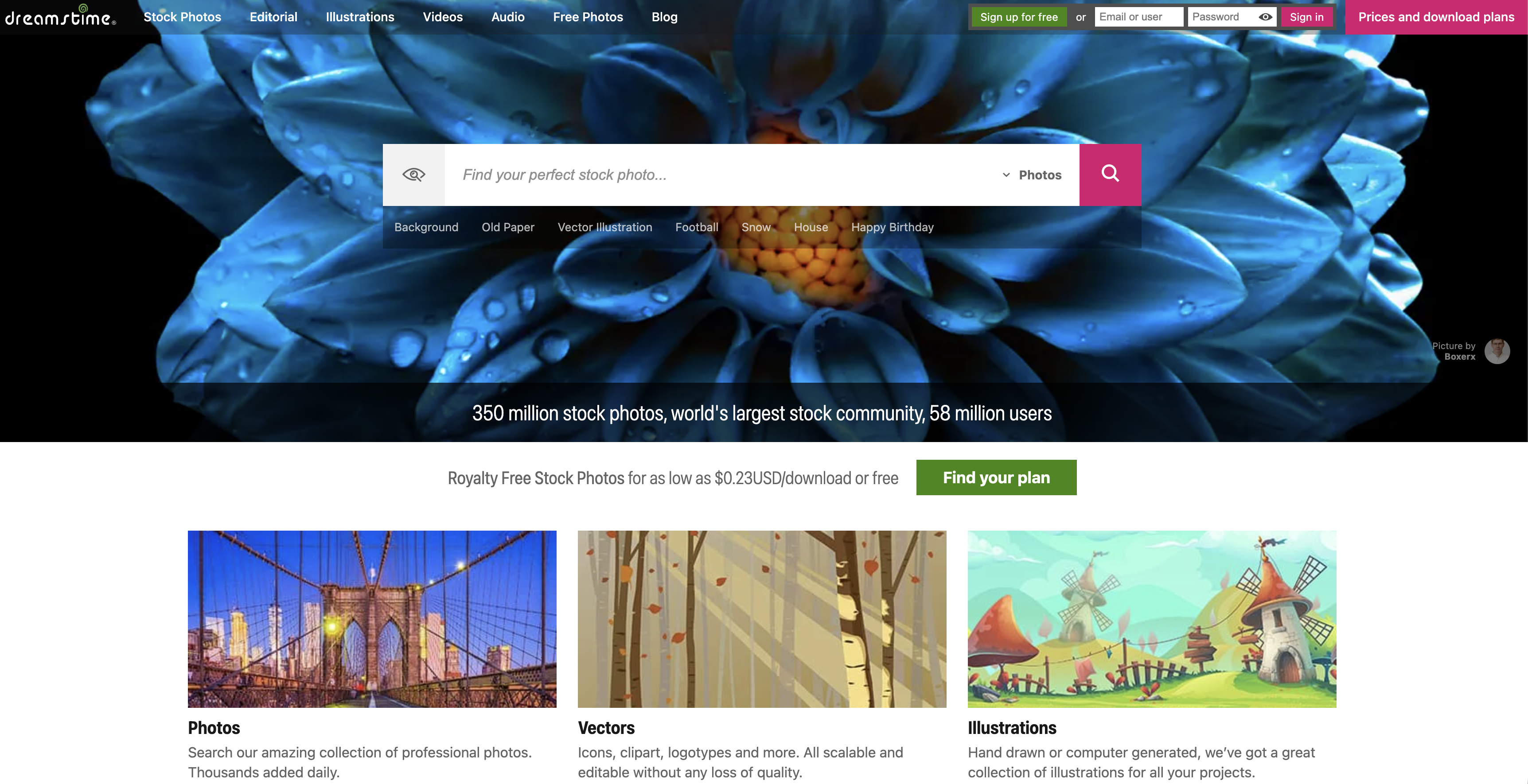 Dreamstime homepage showing stock photo search interface